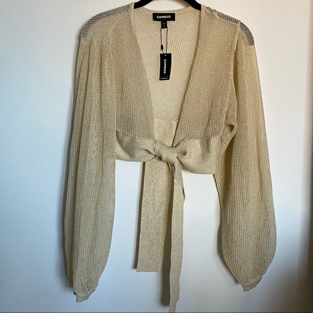 Express Sparkly Cream Cropped Cardigan With Tie.